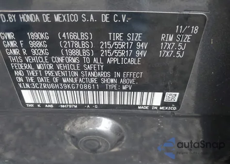 2019 Honda Hr-V Lx from USA, damaged, VIN 3CZRU6H39KG708611
